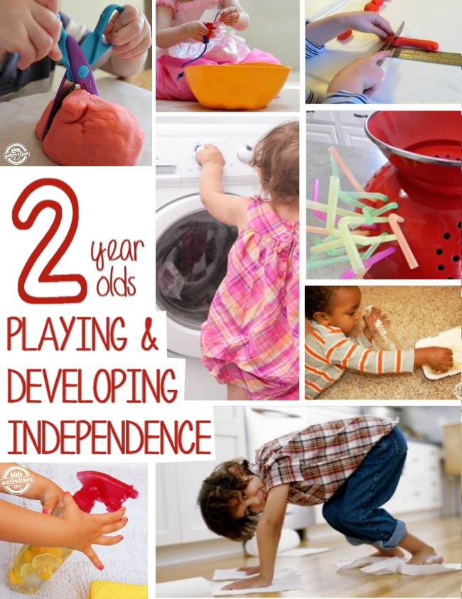 LOTS of activities for 2 year olds through play they develop independence - cutting, beading, chores, cleaning and playing