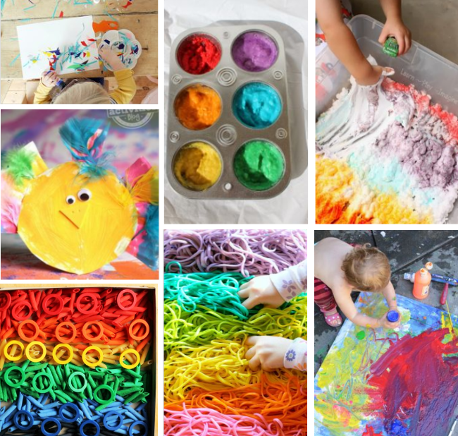 sensory activities for two year olds - hands in paint, shaving cream, rubber bands and colored spaghetti