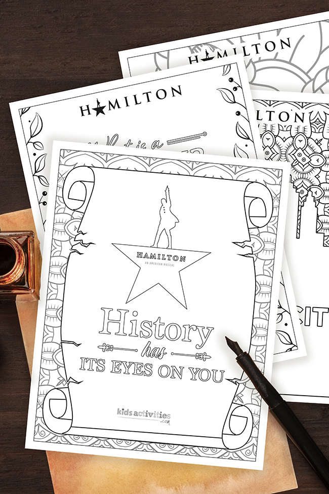 Hamilton coloring pages over a vintage sheet of paper and fountain pen, inspired by the musical about the life of Alexander Hamilton