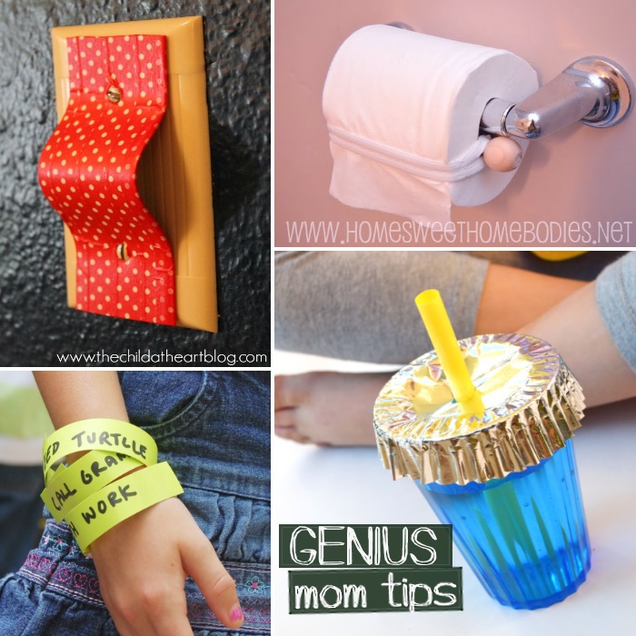 Genius hacks for moms like protecting the light switch, toilet paper, chore bracelets, and keeping bugs out of cups.