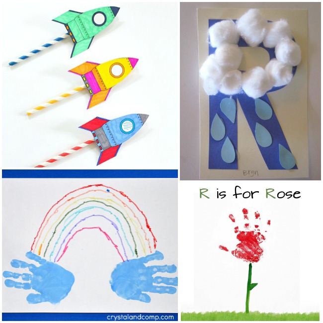Letter R crafts- green, yellow, and blue rockets on straws, rain craft on the letter r, handprint clouds with a rainbow above, hand print rose craft.