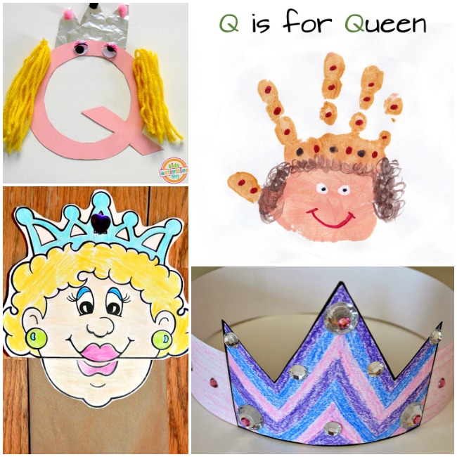 Q is for Queen- with yard for hair, made with a handprint, a puppet, and a crown.
