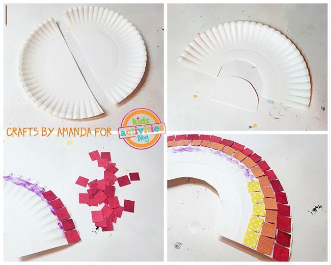 Collage pictures of the four steps to create the Rainbow mosaic craft with paper plates, scrapbook and colorful paper squares and glue