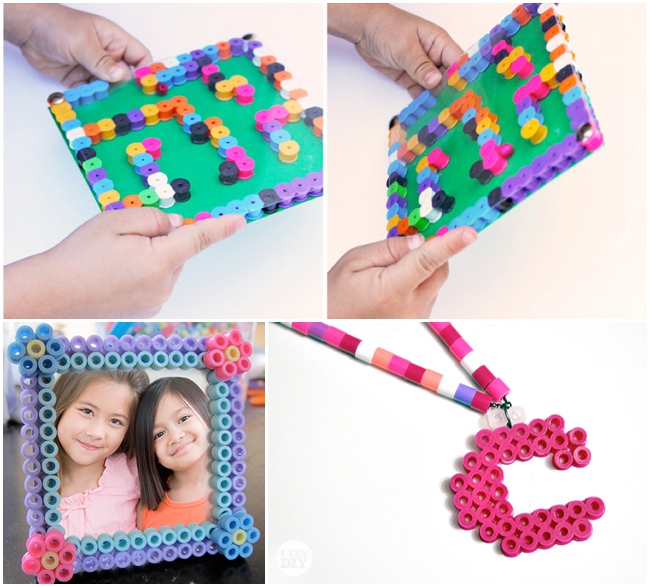 perler bead crafts you don't want to miss - 4 pictured including a maze, frame and necklace charm