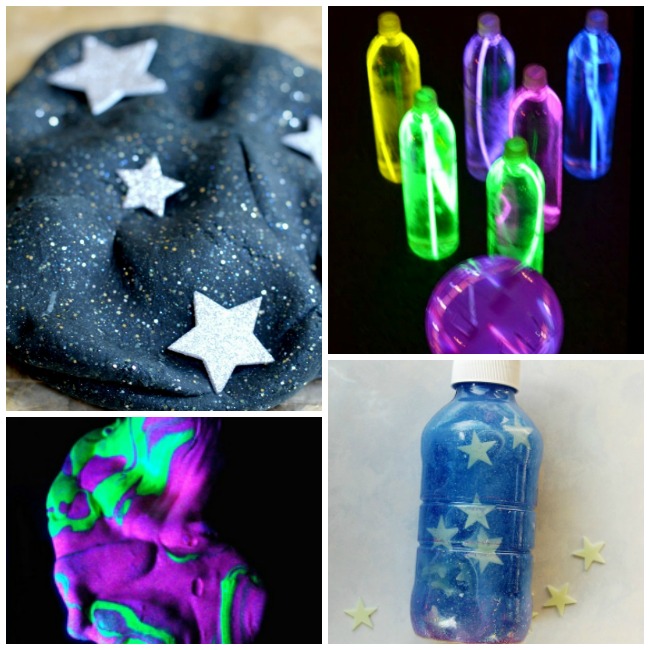 Letter N Activities Nighttime- night sky black playdough with silver starts and glitter, night time bowling with glow sticks in the bottle, glow in the night playdough that is pink and green, night sensory bottle with blue liquid, glow in the dark stars and silver glitter.