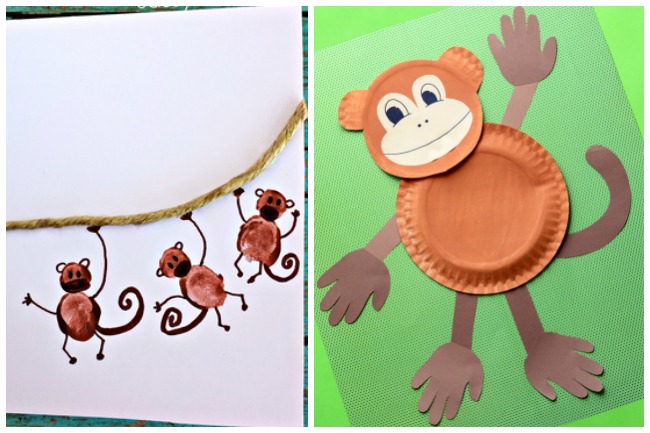 Letter M Activities Monkeys-fingerprint brown monkeys, and a brown paper plate monkey with brown hands and feet