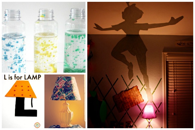 Letter L Activities Lamps Lights- diy blue, green, and yellow lava lamp in a clear bottle, letter L in the shape of an orange lamp, star wars lamp, lamp that emits peter pan shadow