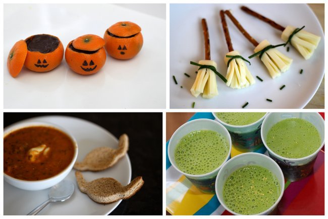 Orange pudding pumpkins, cheese witches brooms with pretzels, basil tomato soup with whole wheat bat croutons, and a green smoothie.