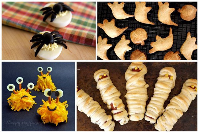 Spider eggs (olive devilled eggs), ghost poptarts, monster cheese balls with olive eyes, and mummy dogs (hot dogs wrapped in crescent rolls)