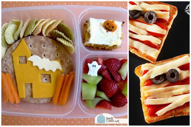 Bento box with a haunted house sandwich and pumpkin cake, and strawberries, and melon with mummy toast.