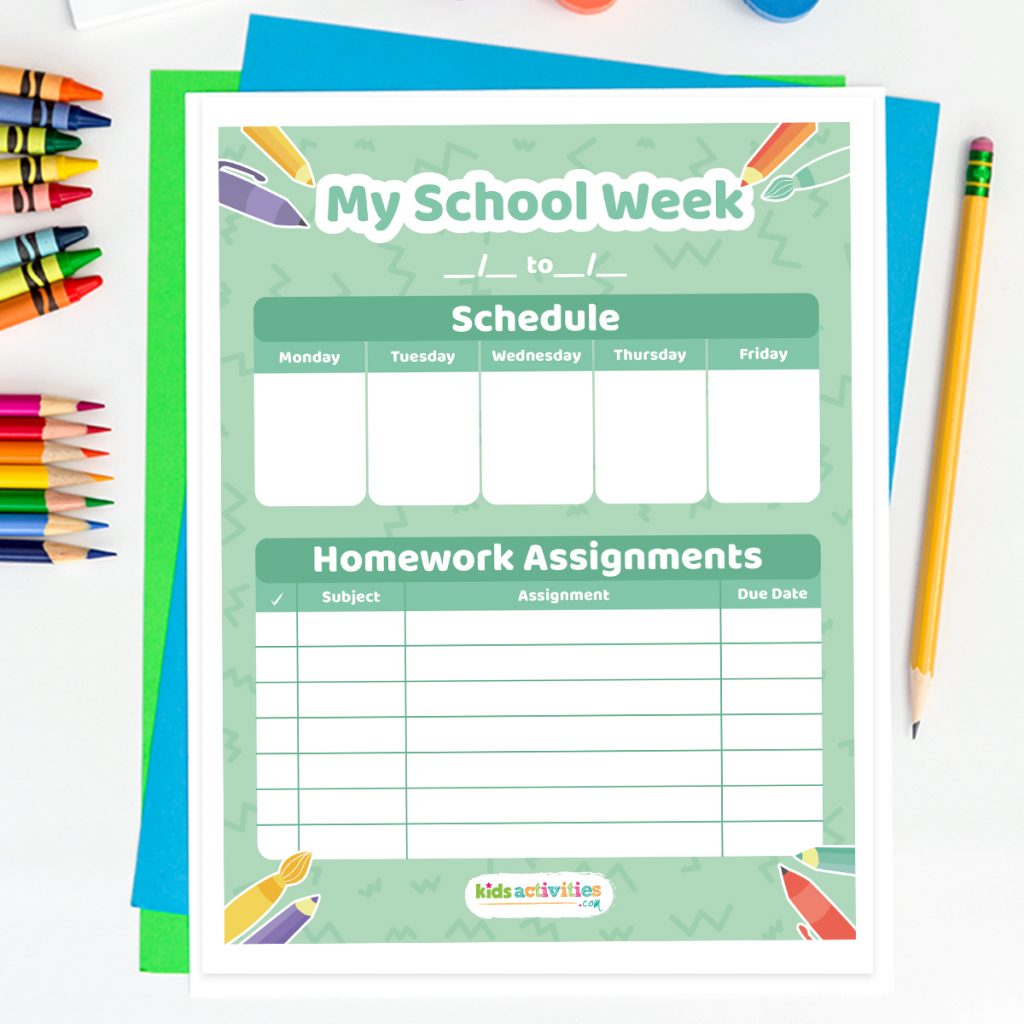 'My School Week' weekly homework calendar page on a desk, surrounded by scattered crayons and pencils