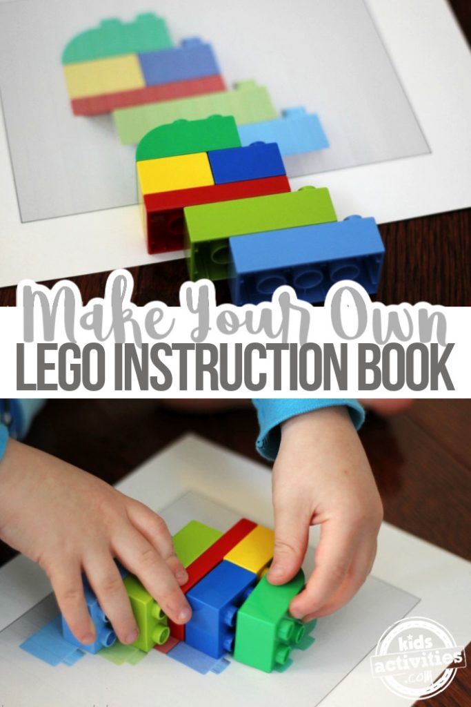 Homemade LEGO puzzle book or create your own lego brick building instructions plan book for your own LEGO creations - shown is the pdf version of a lego plan and the bricks used in the build.  Kids Activities Blog