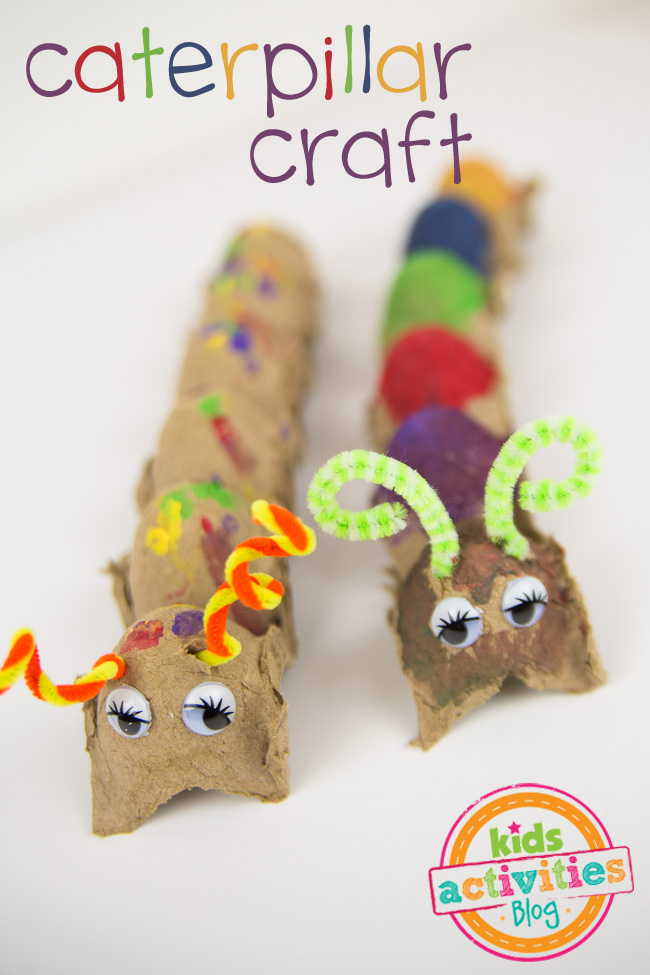 egg carton caterpillar craft made with egg cartons, googly eyes, pipe cleaners, and paint.
