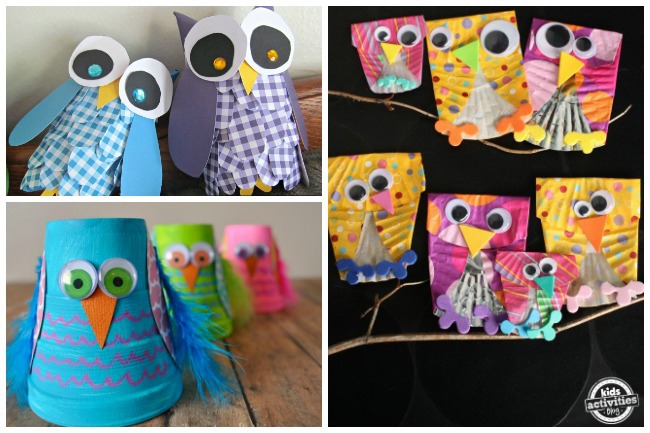Letter O Activities Owls- purple and blue paper owls with huge paper eyes, cupcake liner owls with googly eyes on twigs, and Styrofoam pink, green, and blue owls with colored googly eyes.