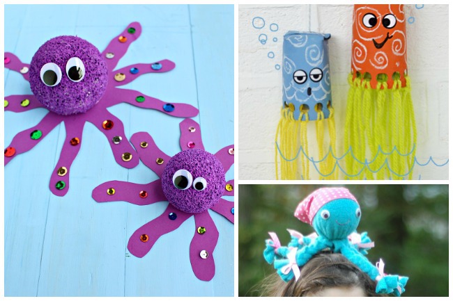 Letter O Activities Octopus- purple Styrofoam ball octopus with sequins on their purple tentacles, paper orange and blue octopus with yellow yarn tentacles, and a blue stuff octopus with pink bandana and pink ribbons.