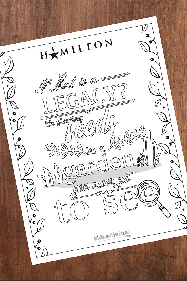 Alexander Hamilton coloring page with quote about legacy