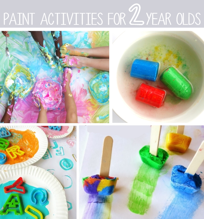 2 year old crafts and art activities include paint - shown is a puffy paint with feet, letter painting, ice painting and wet chalk