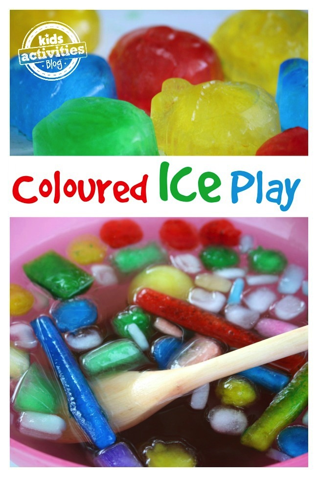 Coloured Ice Activity Bin - colored ice cubes floating in water and how to make colored ice cubes from Kids Activities Blog