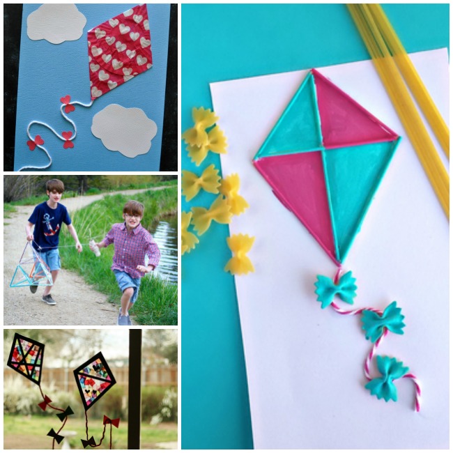 Letter K Activities Kites- a red and white heart cupcake liner kit on a blue piece of paper with white paper clouds and red bows and a white string. A puffy paint kite (pink and turquoise) with turquoise painted bow pasta and a pink and white string, two boys in red and blue running with a pyramid kite, and kite suncatchers with red bows and strings.
