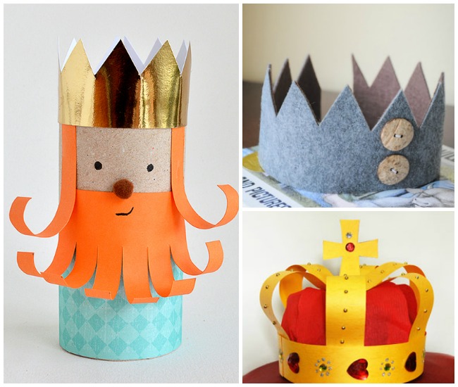 Letter K Activities King- toilet paper roll king with gold crown, red hair and beard made of paper, a black smile, and a blue outfit. A felt and button king crown, and a royal king crown that is red and gold with red and white faux gems.