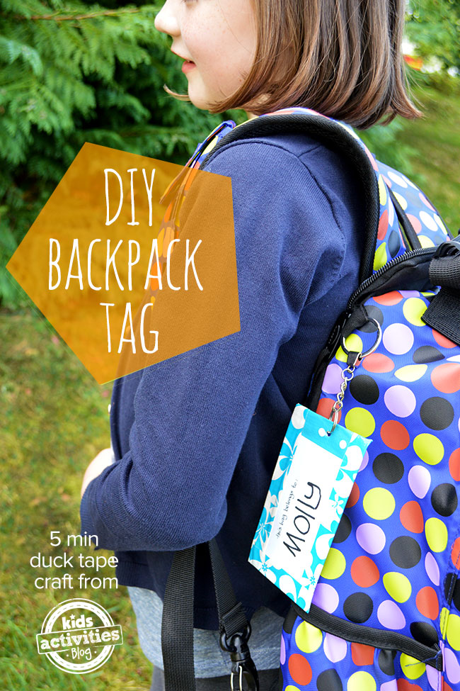 Back to school crafts, DIY duck tape backpack tag - backpack shown with backpack tag