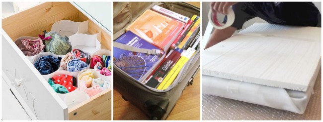 Packing hacks for moving can make things easier, don't unpack drawers, wrap clothes in paper and pack your books in a suitcase and furniture in blankets.
