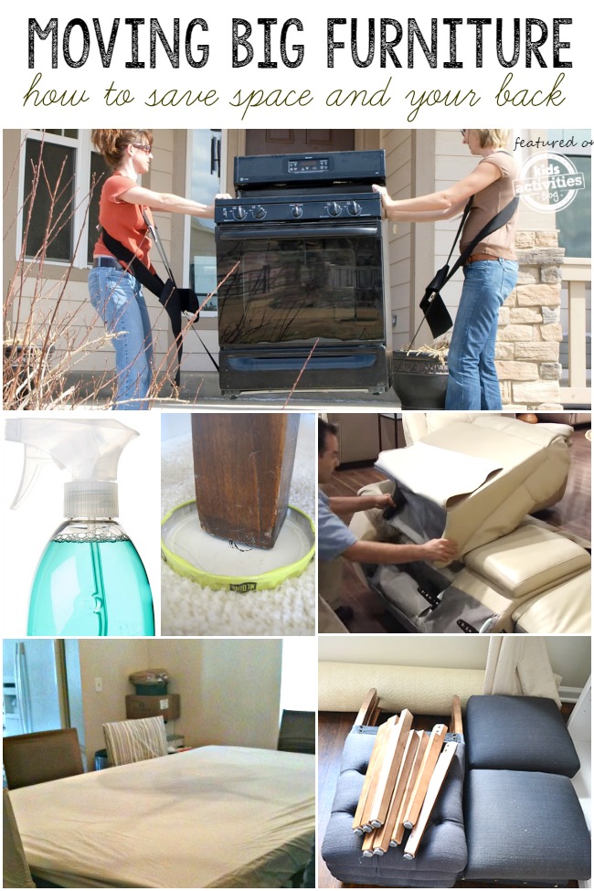 Make moving easy with these helpful hints like using a shoulder dolly to move a stove, glass cleaner to clean the floor so stuff moves easier, jar lids to move big furniture with easy, taking apart a lazy boy, wrapping a table top in a sheet, and taking the legs off of chairs.