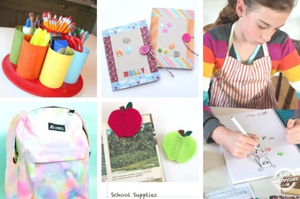 collage of DIY crafts for kids in back to school theme