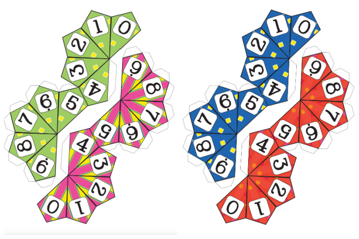 pdf versions of the 9 sided expanded form dice set shown in colors green, pink, blue and red
