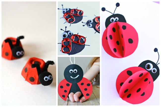 Letter L lady bug crafts- ladybugs made from egg cartons, red with black dots with pipe cleaner ears, black painted lady bugs with pop tabs painted red with black polka dots, red paper puppet that is red and black, and 3d paper lady bugs with googly eyes.