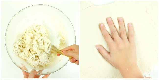 The first step in the salt dough handprint craft for kids is to make the salt dough and spread it out.