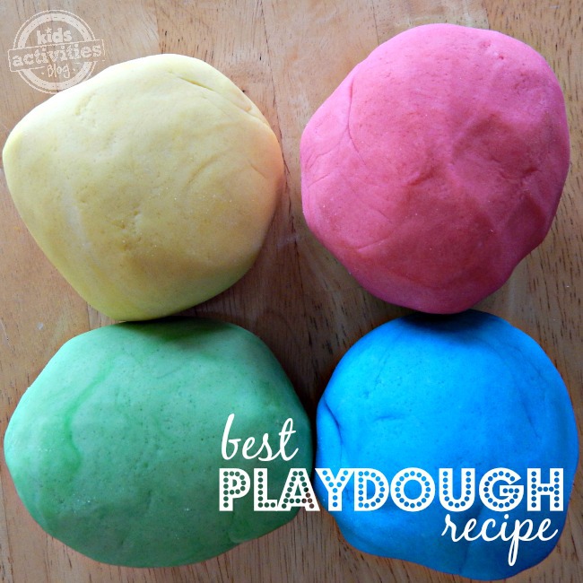 How to make playdough using the best playdough recipe! You can make 4 big balls of yellow playdough, red, green, and blue playdough.
