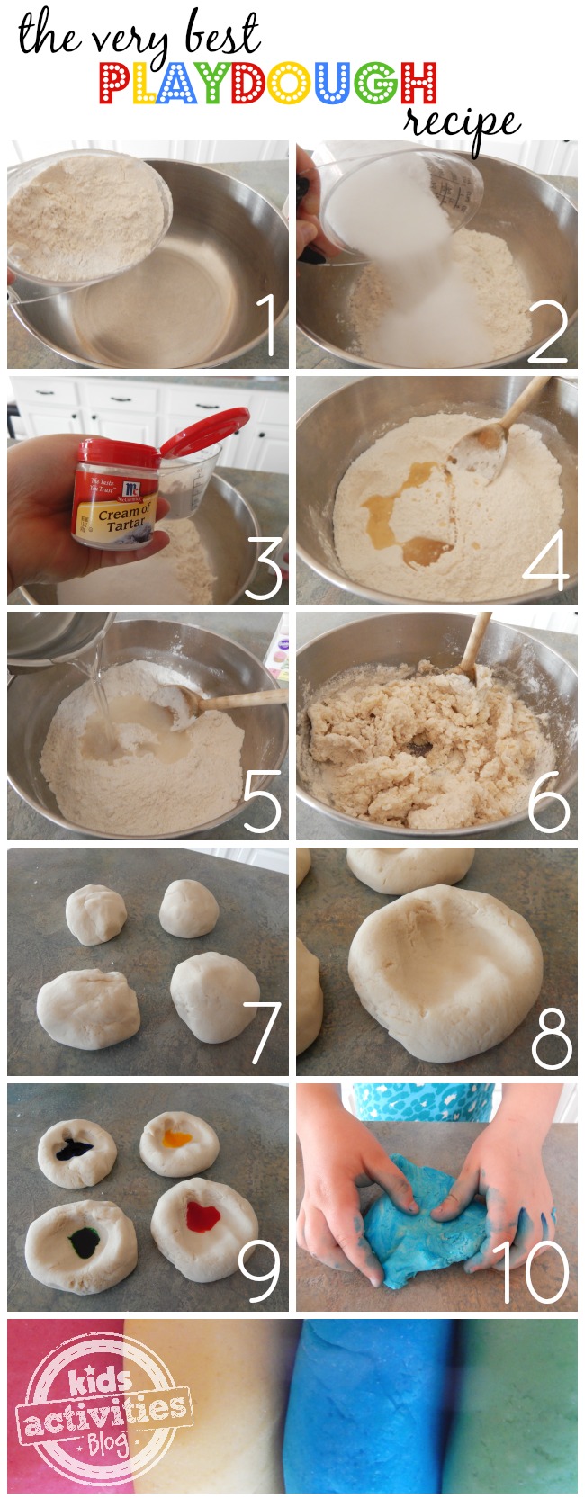 How to make playdough by adding flour in a metal bowl, salt, cream of tar tar, water, oil, mix and form! Add food coloring gel to make red, yellow, blue, and green homemade playdough.
