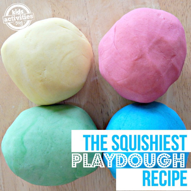The squished playdough recipes with yellow, red, green, and blue playdough.