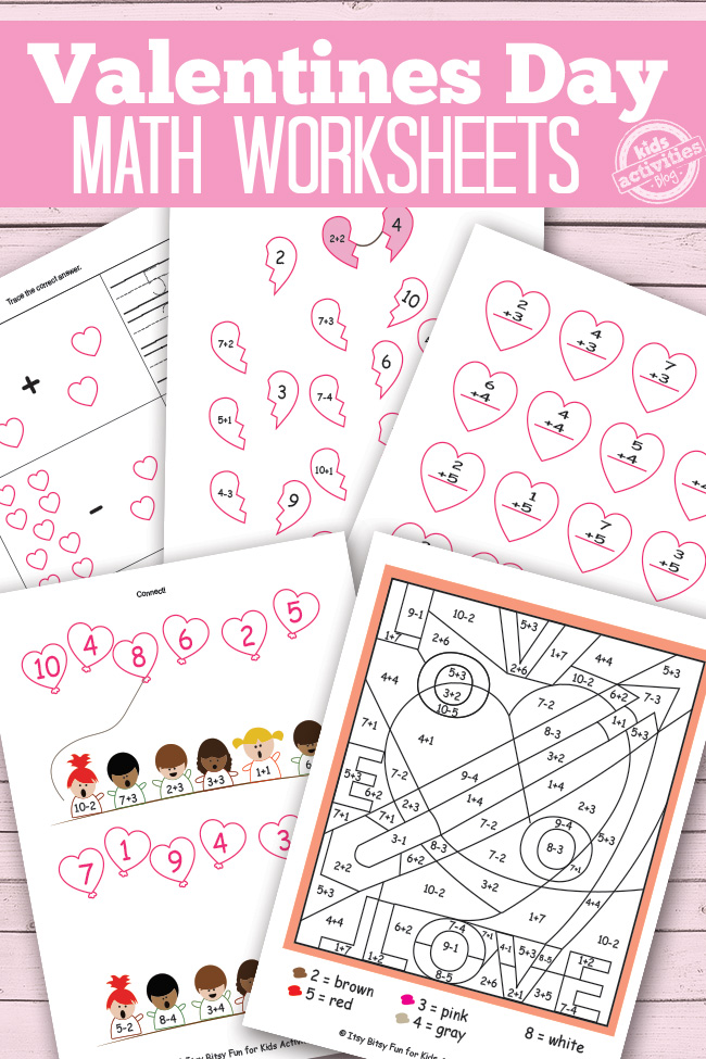 Valentines Day Math Worksheets that include a color by number, connect the balloon, fix the broken hearts, and more addition.