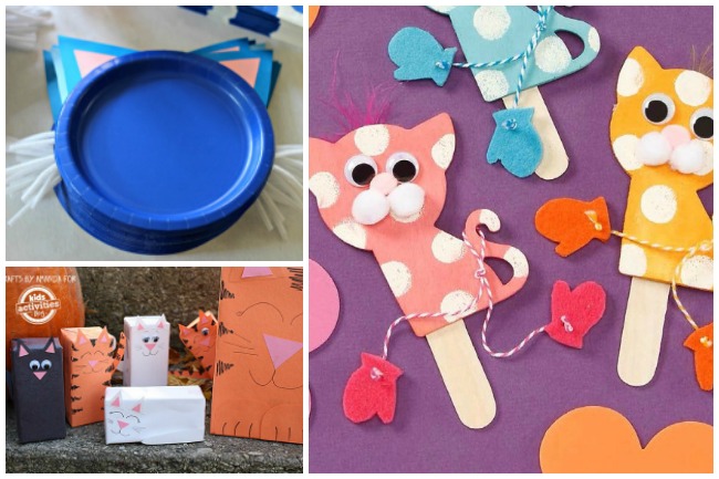 Letter K Activities Kitten- blue kitten paper plates with white pipe cleaner whiskers and blue and pink paper ears. Kitten boxes with googly eyes (black, white, orange), and kittens with mittens on a popsicle stick (blue pink and yellow)