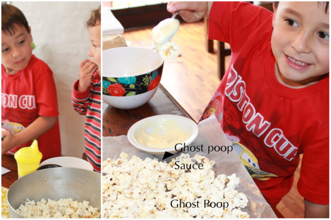 Us making homemade ghost poop with popcorn and white chocolate for the printable treat bags