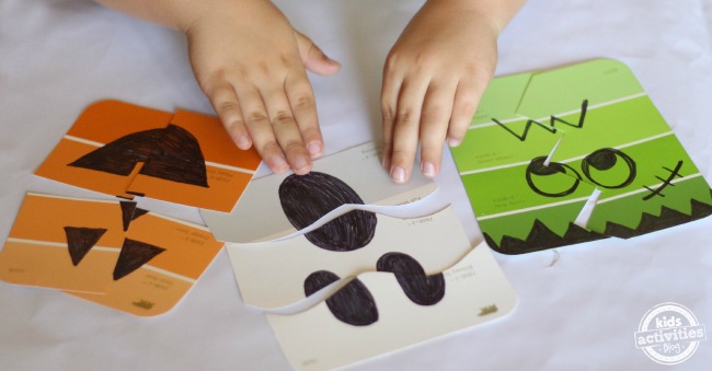 Simple Halloween games. Make your own paint chip puzzles! These would be great in goodie bags.