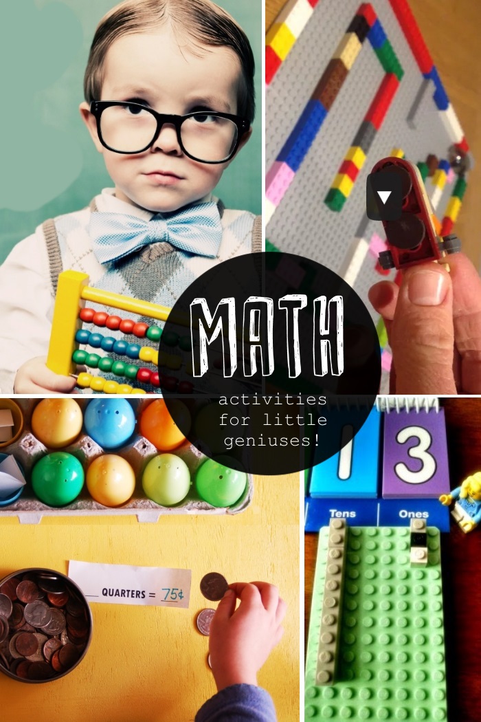 Fun Math games and math activities for kids - activities for little geniuses showing 4 different fun math games kids can play together