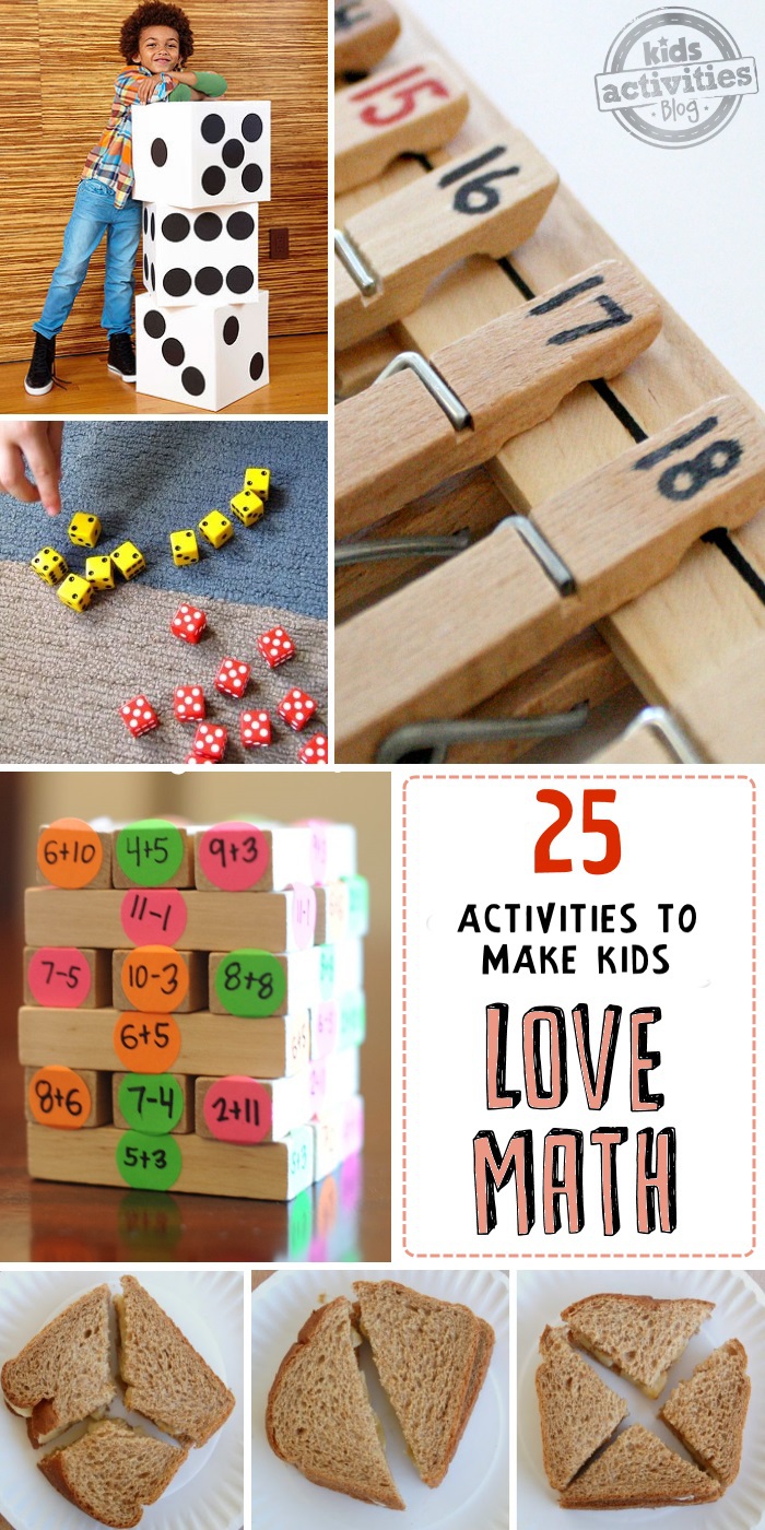 math activities for toddlers and bigger kids using clothes pins, big dice, little yellow and red dice, jenga with sticks that have addition and subtraction on them, and sandwiches cut into fractions.