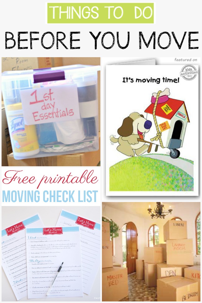 Moving hacks for before you move with a box of first day essentials, moving cards, check lists, and free boxes.