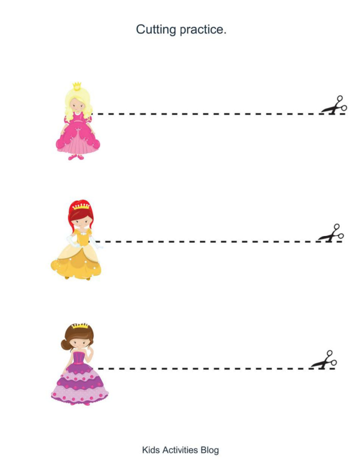 Preschool printable princess worksheet pack - pdf file for cutting practice