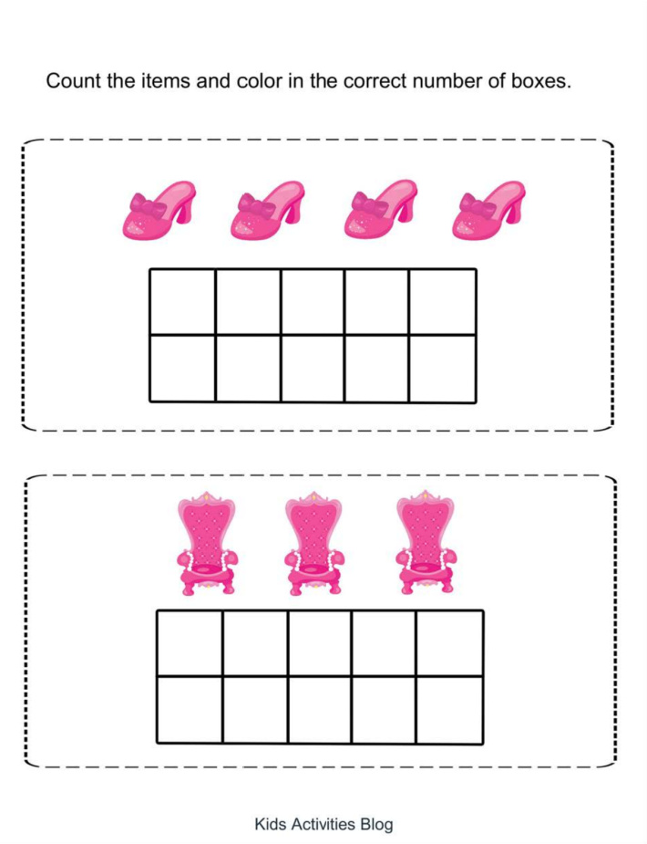 Counting practice pdf file shown as part of the preschool princess worksheet pack