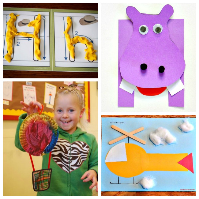 12 Letter H Activities- letter H playdough mat with yellow playdough, purple hippo craft, orange helicopter craft with cotton ball clouds, a red, yellow, and blue hot air balloon craft held by a little girl in a green hoody with a zebra striped heart in the middle.