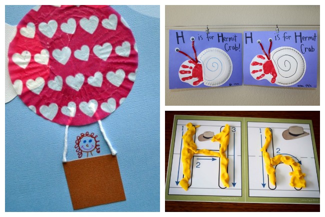 12 Letter H Activities- cupcake liner hot air balloon craft with red and white cupcake liner with hearts, handprint snail craft on purple paper, and playdough mats with yellow playdough with uppercase and lower case h's