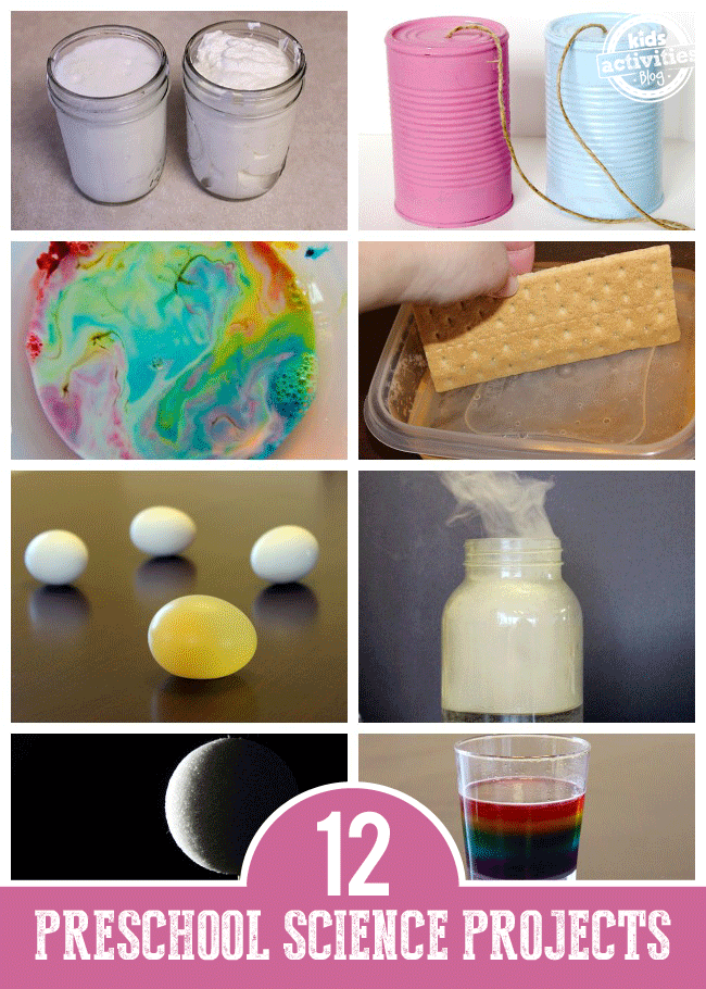 12 Preschool Science Experiments - 8 science experiments for preschoolers pictured from how sound travels to color changing milk all brightly colored