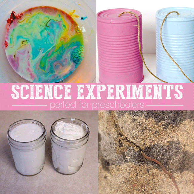 Science experiments perfect for preschoolers - 4 play based science activities for preschool age kids shown from color changing milk to can telephone to baking soda experiment to worms in their natural habitat