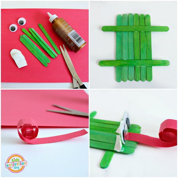 frog collage- supplies (green popsicle sticks, scissors, glue, tape, and googly eyes), glue the sticks together, curl the tongue, glue the eyes and tongue to green popsicle sticks.