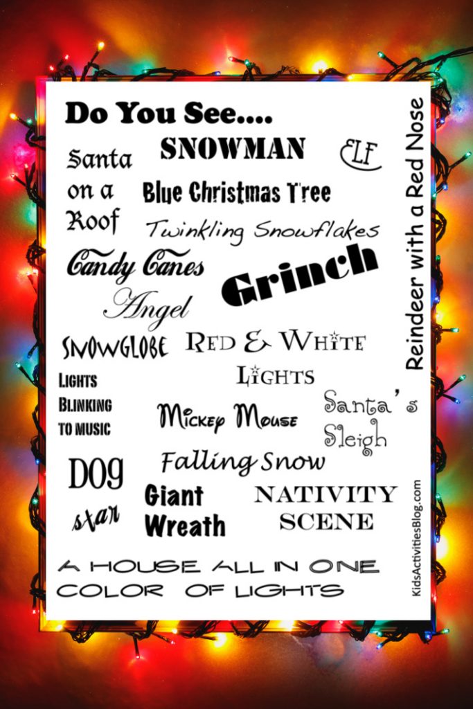 Kids Activities Blog printable Christmas game - light scavenger hunt to print & play shown here on lights in background
