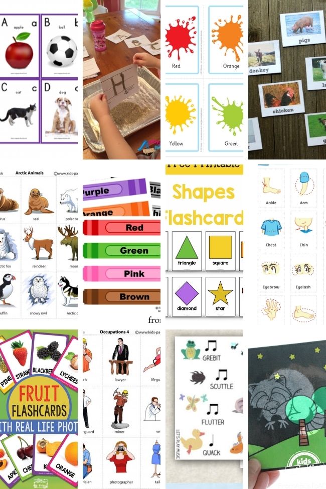 collage of diy flashcards for preschool kids with crayons, basic shapes, animals, fruits, sand, paint splatters, and body parts.